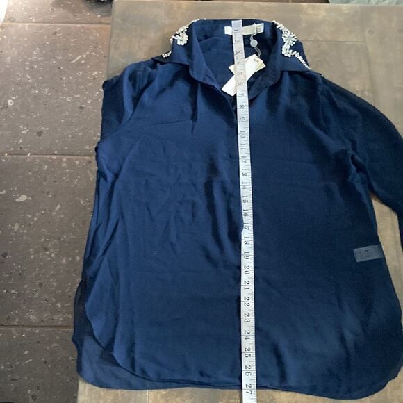 NWT Costa Blanca navy Blue sheer rhinestone collar top Sz-Small - Picture 13 of 13